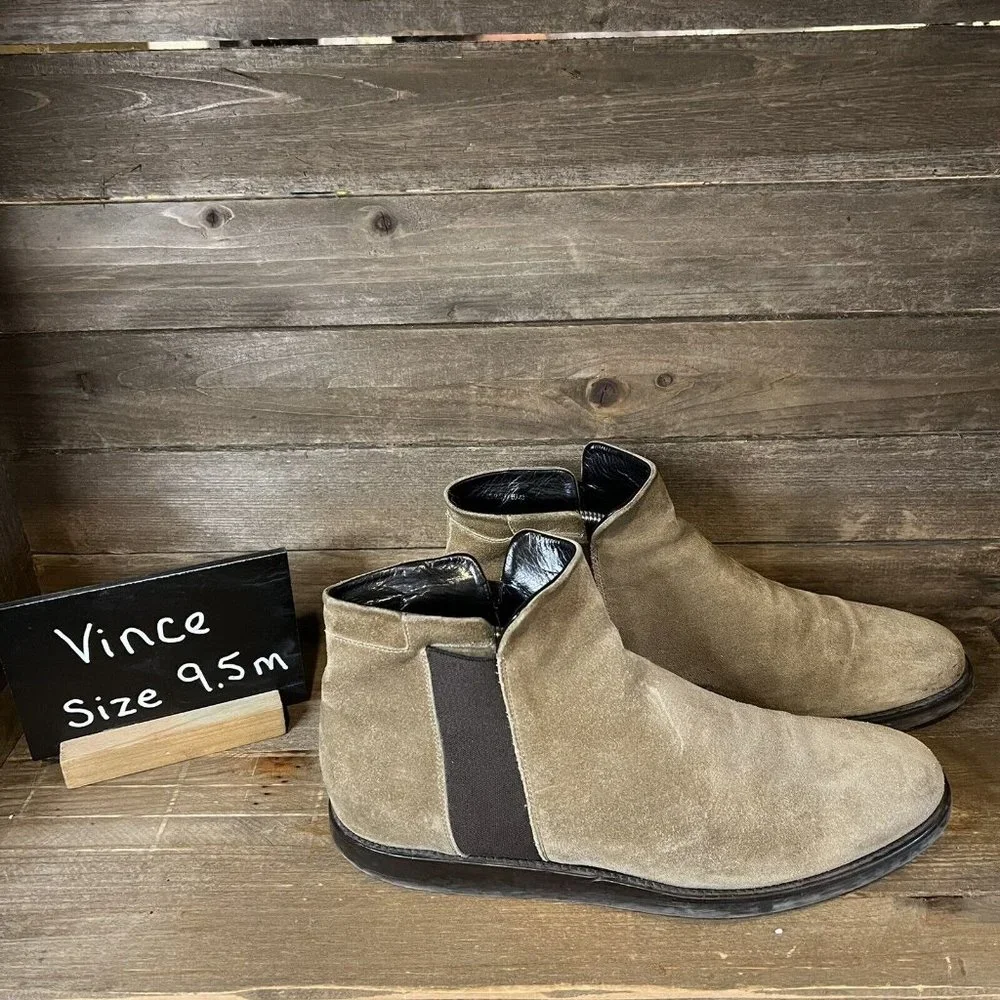 Mens VINCE Tan Brown Suede Leather Ankle Chelsea Dress Boots Size 9.5 M GUC - Picture 1 of 6